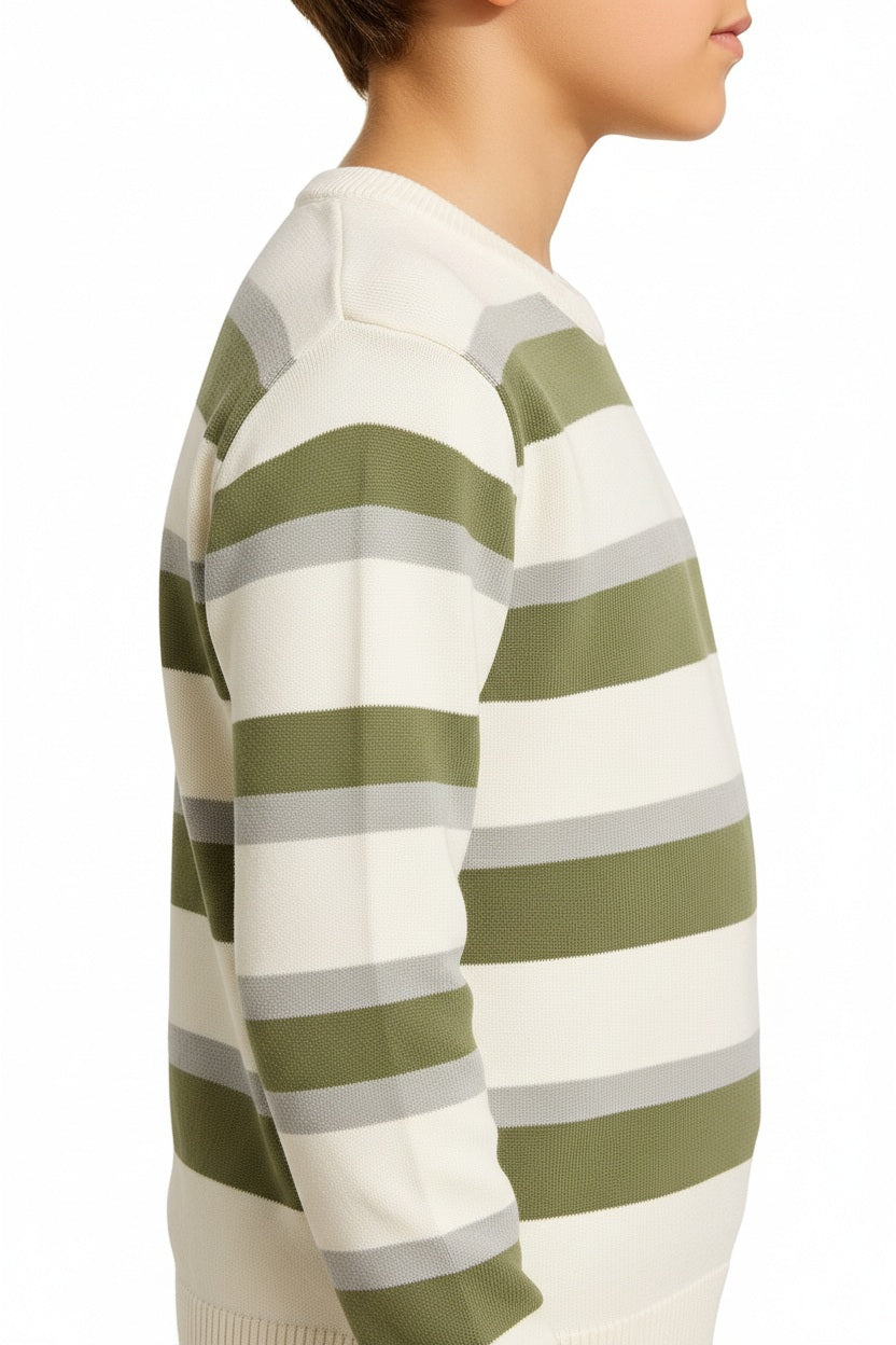 Boys Round Neck Striped Pullover Sweater