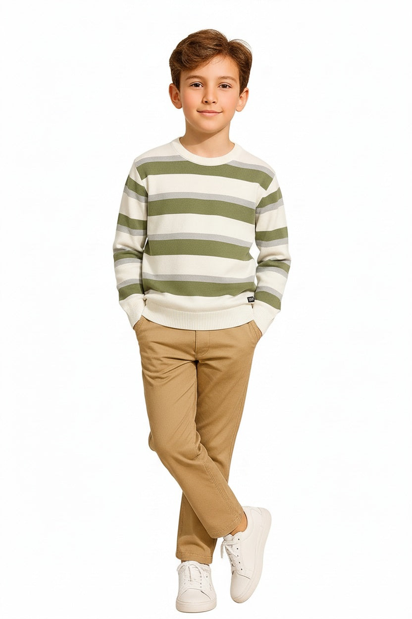 Boys Round Neck Striped Pullover Sweater
