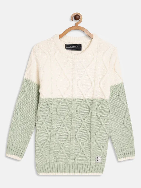 Octave Boys Olive Green Cream-Coloured Colourblocked Pullover