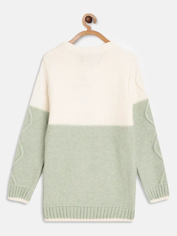 Octave Boys Olive Green Cream-Coloured Colourblocked Pullover