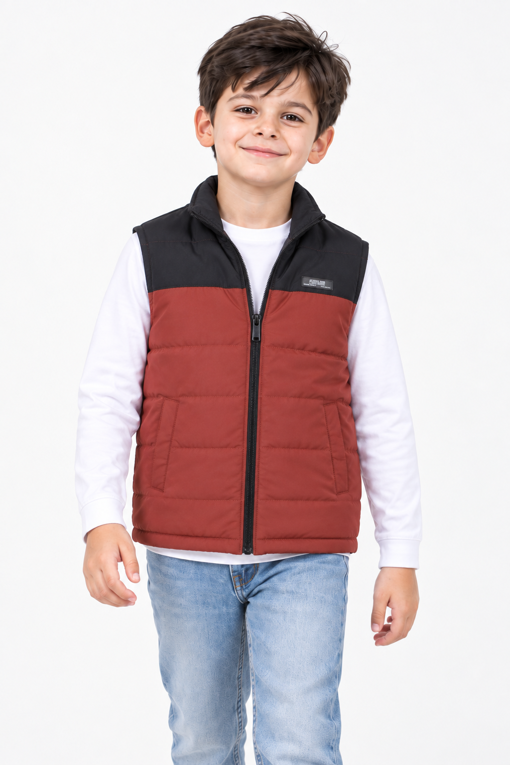 Junior Boys Colour-Block Woven Puffer Gilet – Regular Fit Full-Zip Sleeveless Jacket