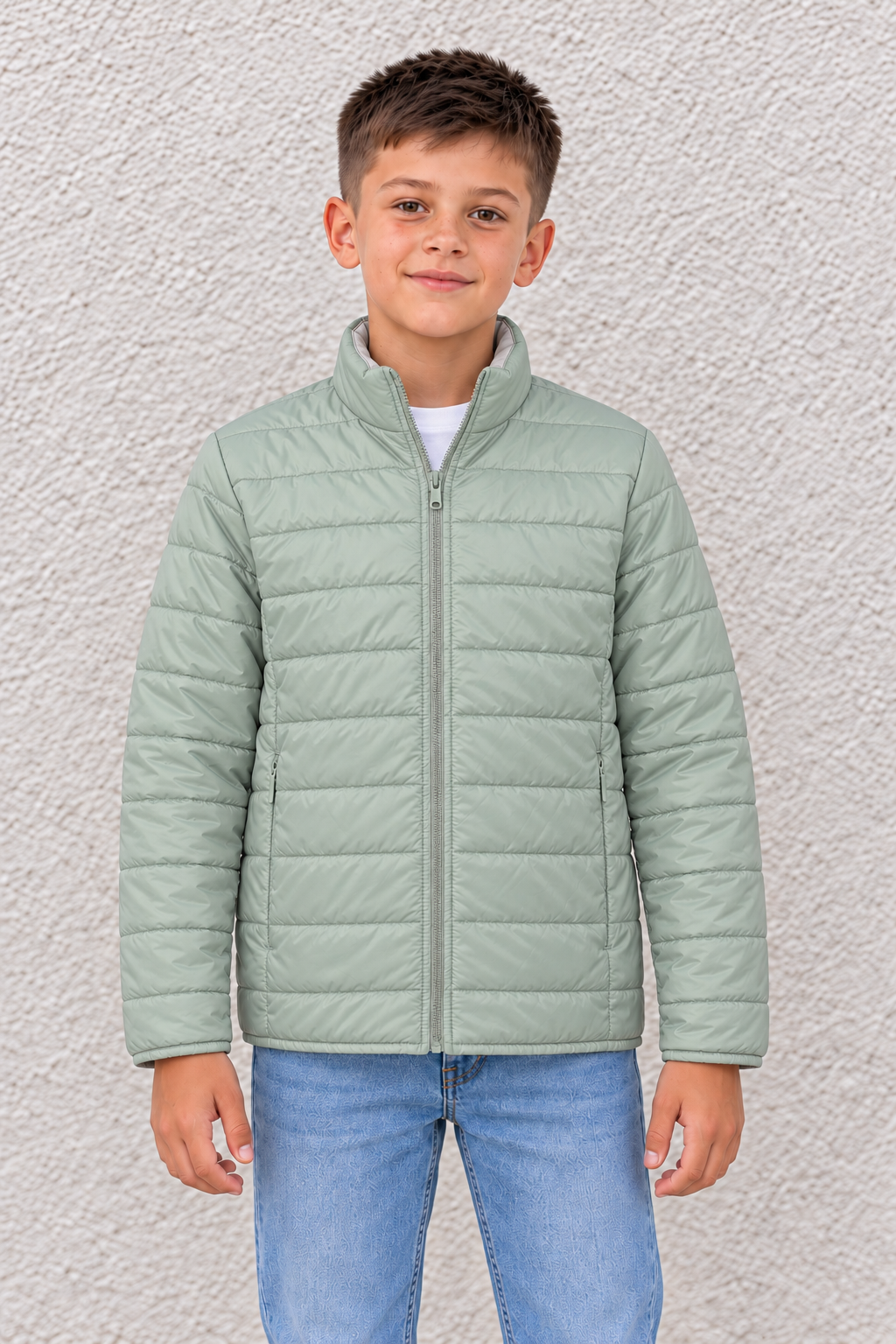 Junior Boy Mint & Stone Reversible Puffer Jacket – Quilted Woven Full-Zip Jacket