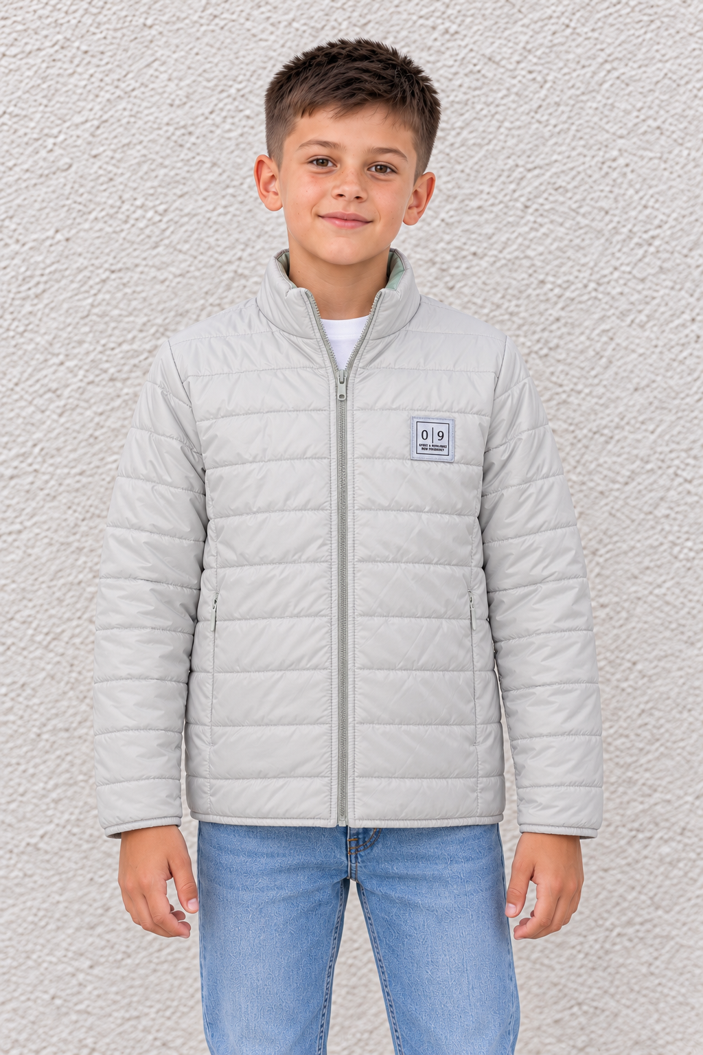 Junior Boy Mint & Stone Reversible Puffer Jacket – Quilted Woven Full-Zip Jacket