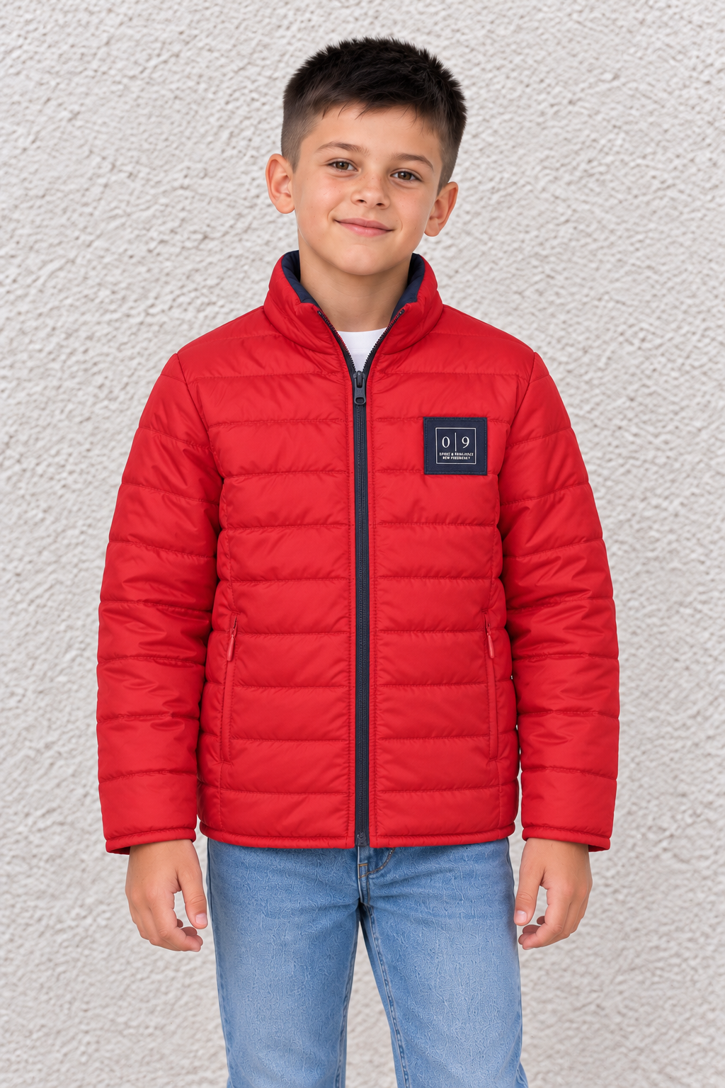Junior Boy Red & Navy Reversible Puffer Jacket – Quilted Woven Jacket with Concealed Zip Pockets