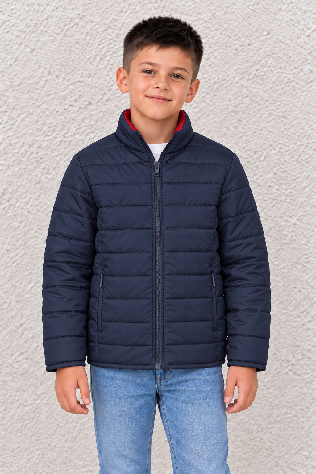 Junior Boy Red & Navy Reversible Puffer Jacket – Quilted Woven Jacket with Concealed Zip Pockets