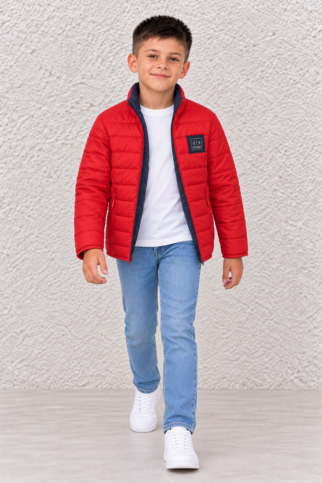 Junior Boy Red & Navy Reversible Puffer Jacket – Quilted Woven Jacket with Concealed Zip Pockets