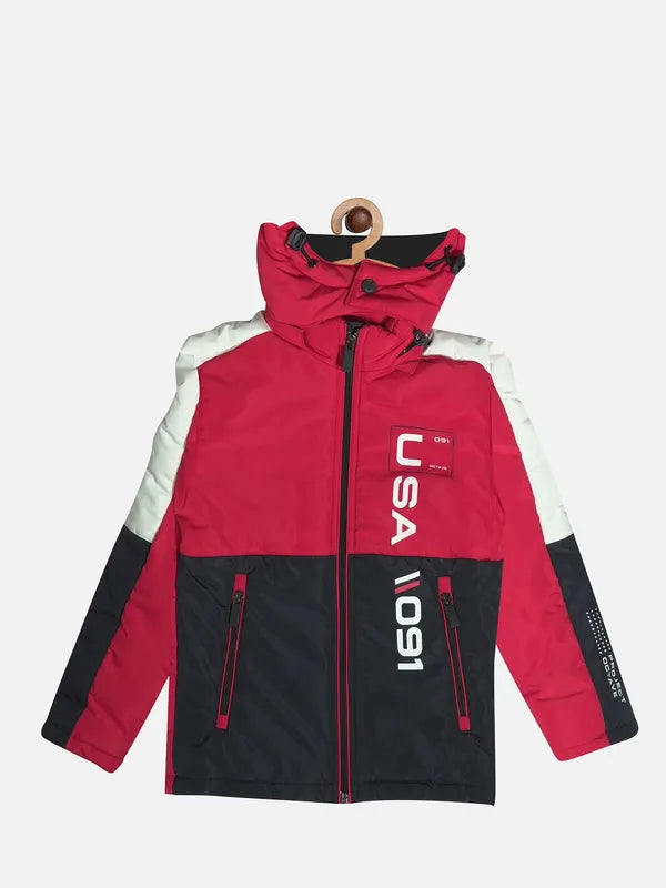 Boys Colourblocked Padded Jacket With Embroidered