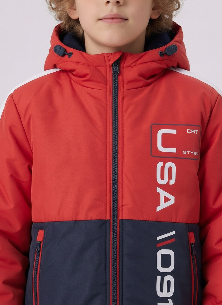 Boys Typography Colourblocked Puffer Jacket