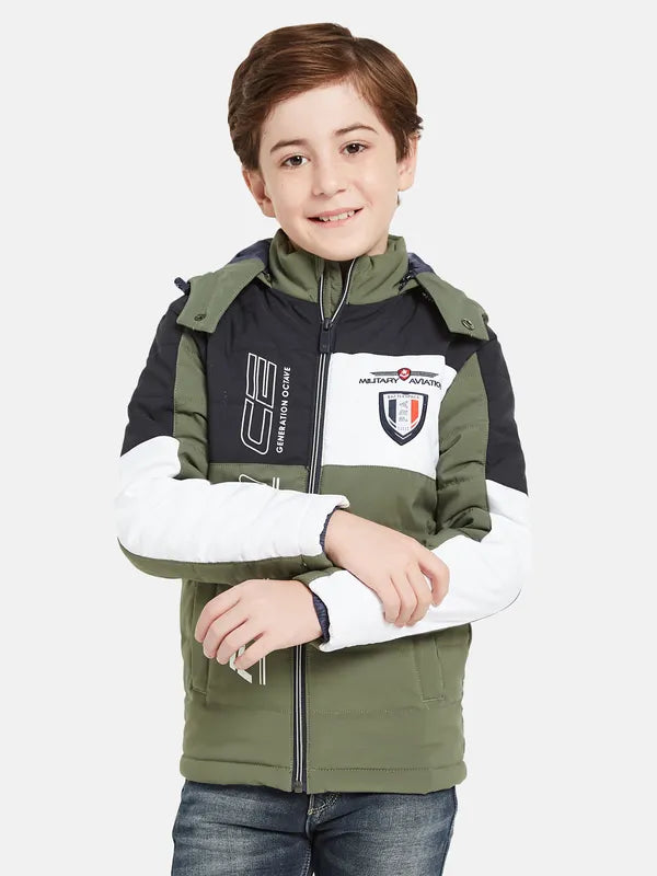 Octave Boys Olive Green Camouflage Crop Padded Jacket With Patchwork