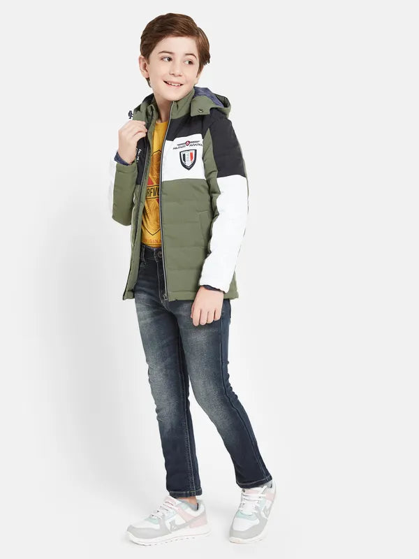 Octave Boys Olive Green Camouflage Crop Padded Jacket With Patchwork