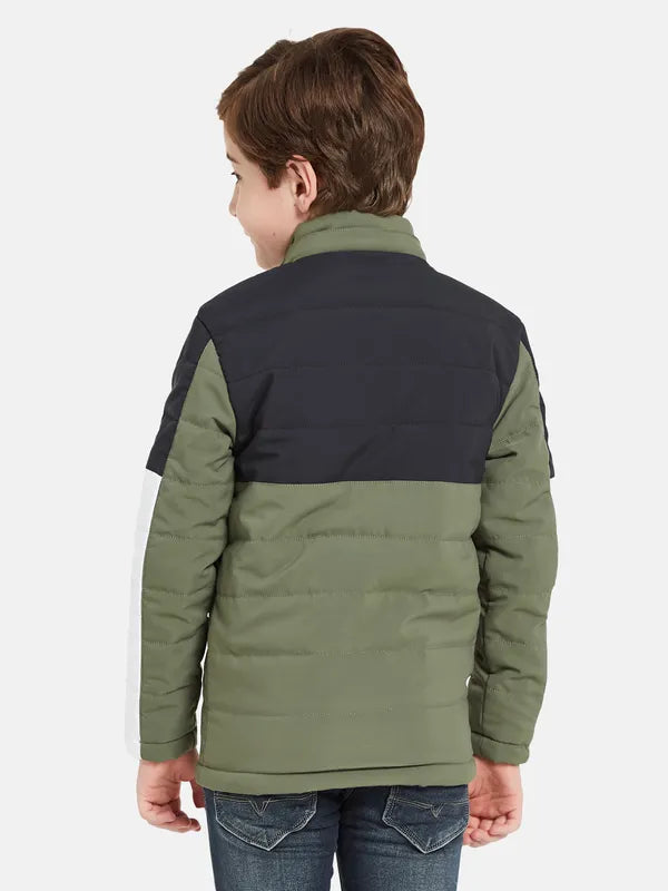 Octave Boys Olive Green Camouflage Crop Padded Jacket With Patchwork