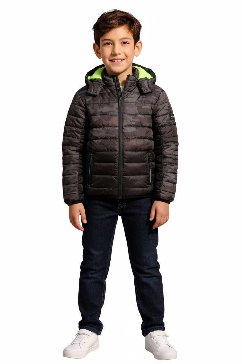 Boys Camouflage Colourblocked Lightweight Puffer Jacket