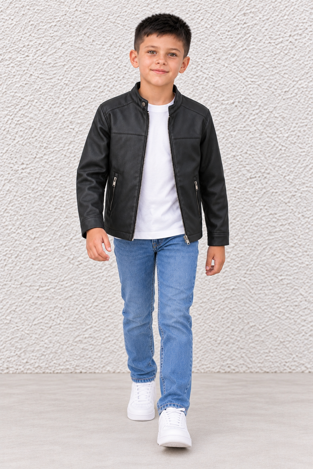 Junior Boy Black Faux Leather Jacket – Full-Zip Jacket with Stand Collar and Zip Pockets