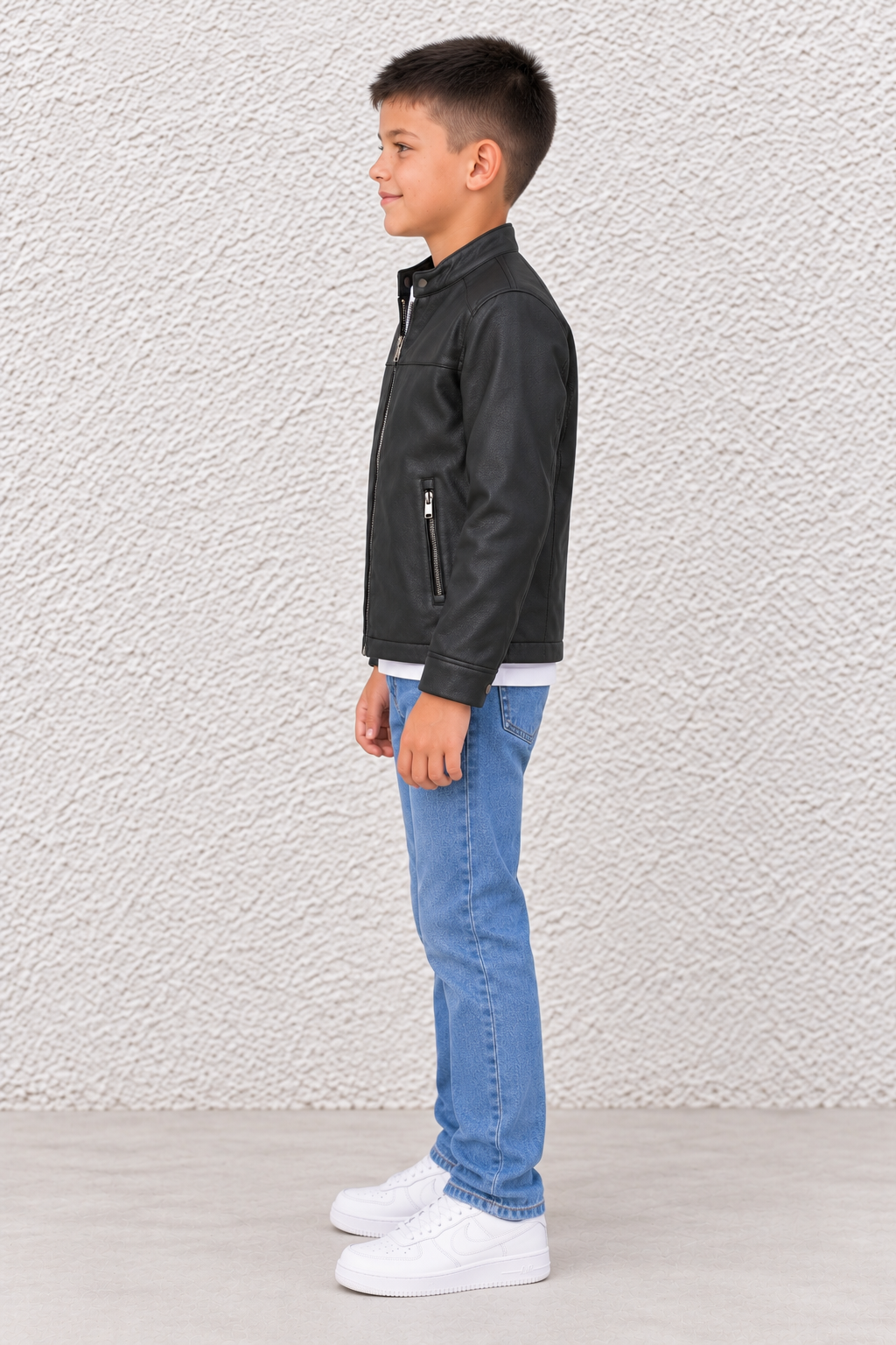 Junior Boy Black Faux Leather Jacket – Full-Zip Jacket with Stand Collar and Zip Pockets