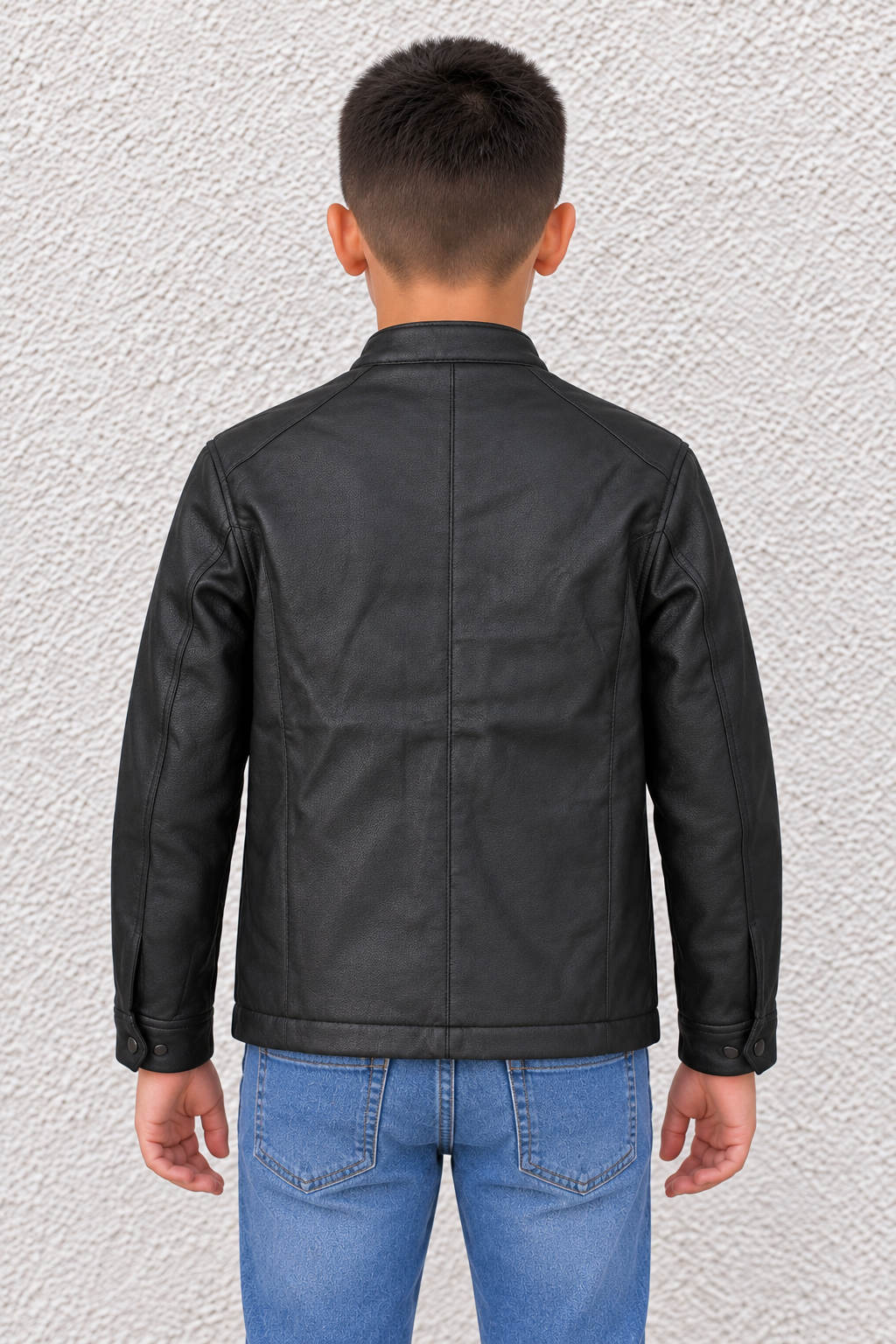 Junior Boy Black Faux Leather Jacket – Full-Zip Jacket with Stand Collar and Zip Pockets