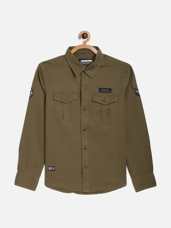 Octave Boys Olive Green Regular Fit Cotton Casual Shirt