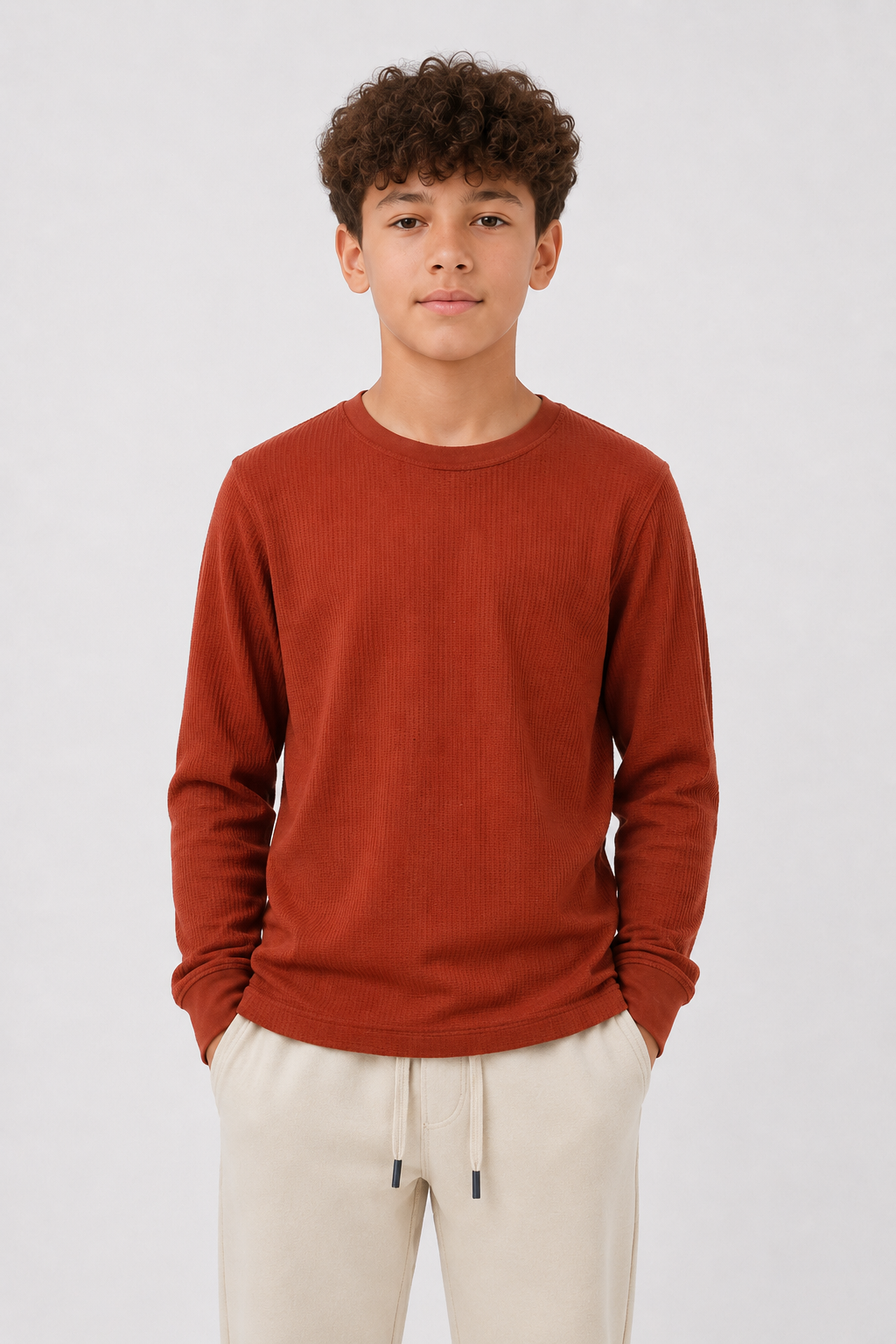 Junior Boys Rust Seersucker Full Sleeve Pre-Winter T-Shirt – Regular Fit Round Neck