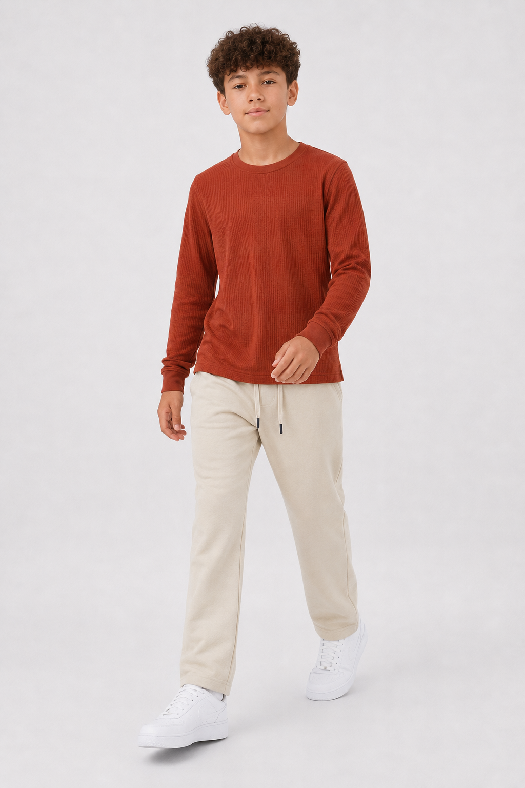 Junior Boys Rust Seersucker Full Sleeve Pre-Winter T-Shirt – Regular Fit Round Neck