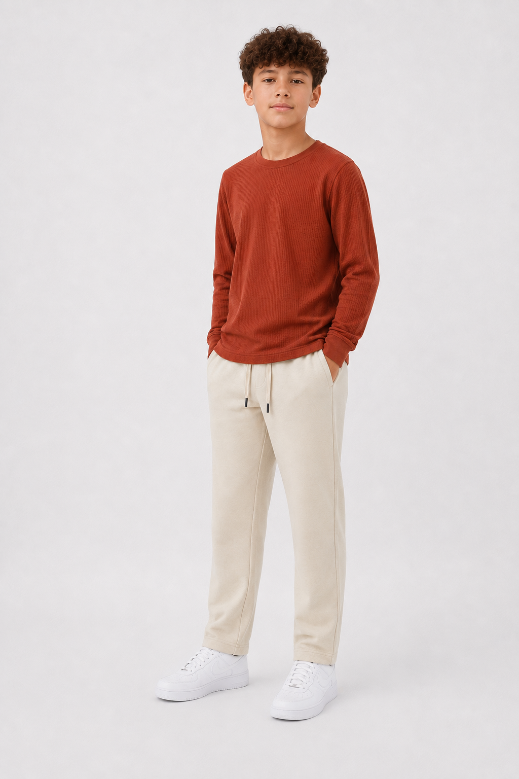 Junior Boys Rust Seersucker Full Sleeve Pre-Winter T-Shirt – Regular Fit Round Neck