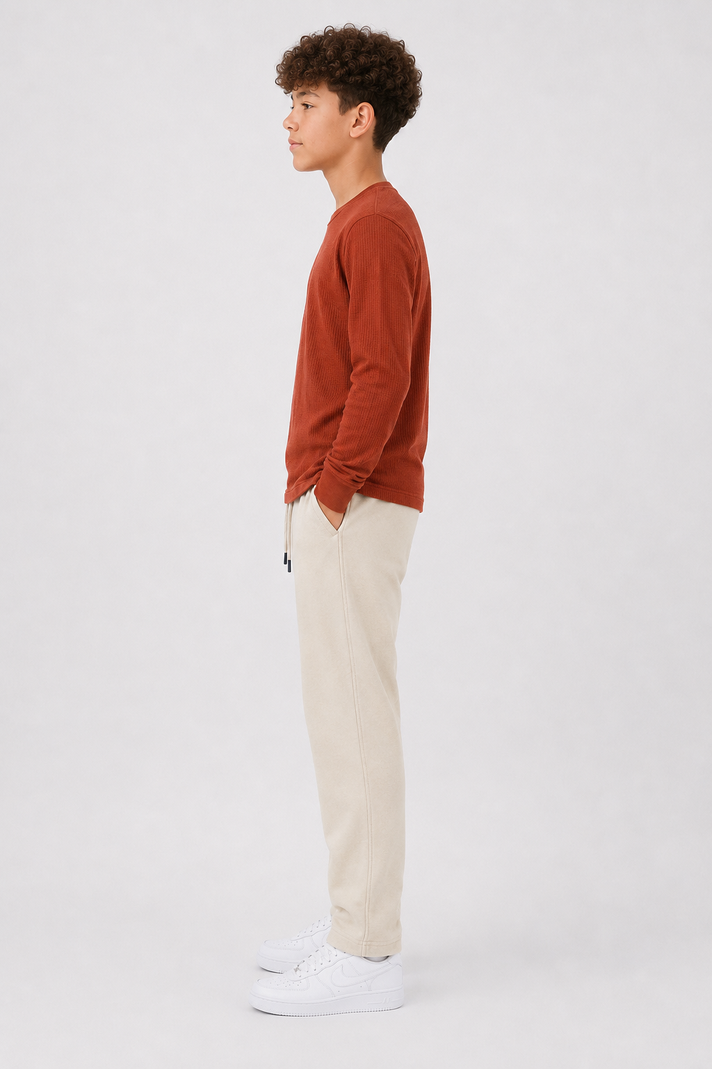 Junior Boys Rust Seersucker Full Sleeve Pre-Winter T-Shirt – Regular Fit Round Neck