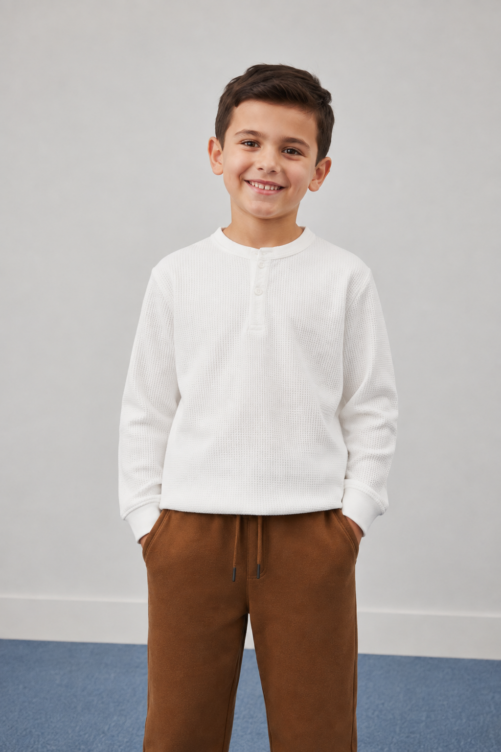 Junior Boys White Seersucker Henley Collar Full Sleeve Pre-Winter T-Shirt – Regular Fit