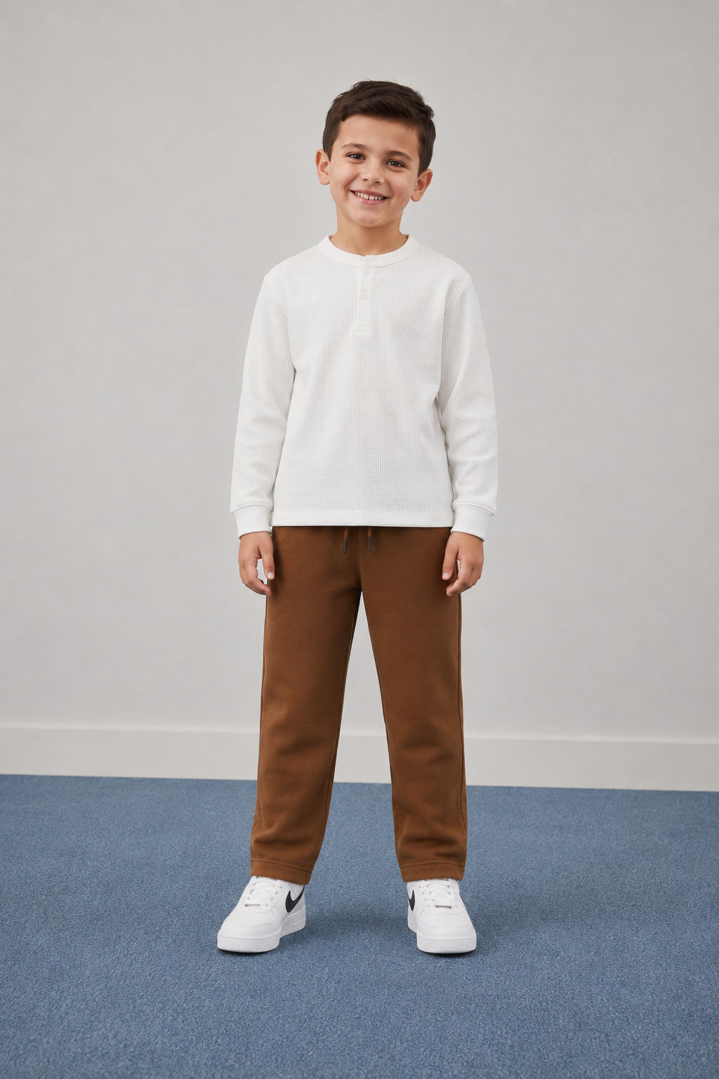 Junior Boys White Seersucker Henley Collar Full Sleeve Pre-Winter T-Shirt – Regular Fit