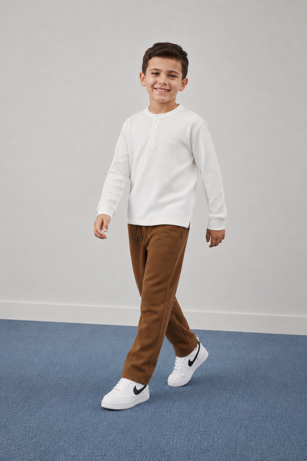 Junior Boys White Seersucker Henley Collar Full Sleeve Pre-Winter T-Shirt – Regular Fit