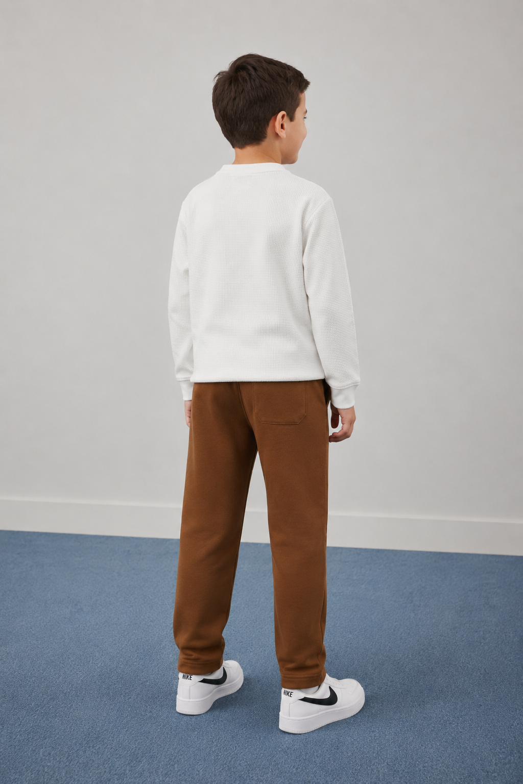 Junior Boys White Seersucker Henley Collar Full Sleeve Pre-Winter T-Shirt – Regular Fit