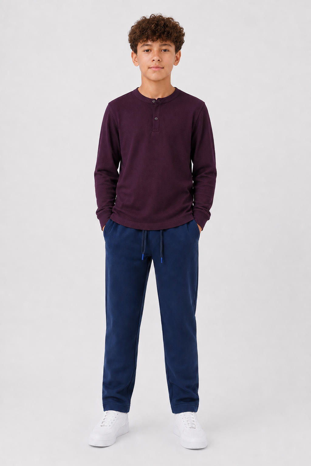 Junior Boys Wine Seersucker Henley Collar Full Sleeve Pre-Winter T-Shirt – Regular Fit