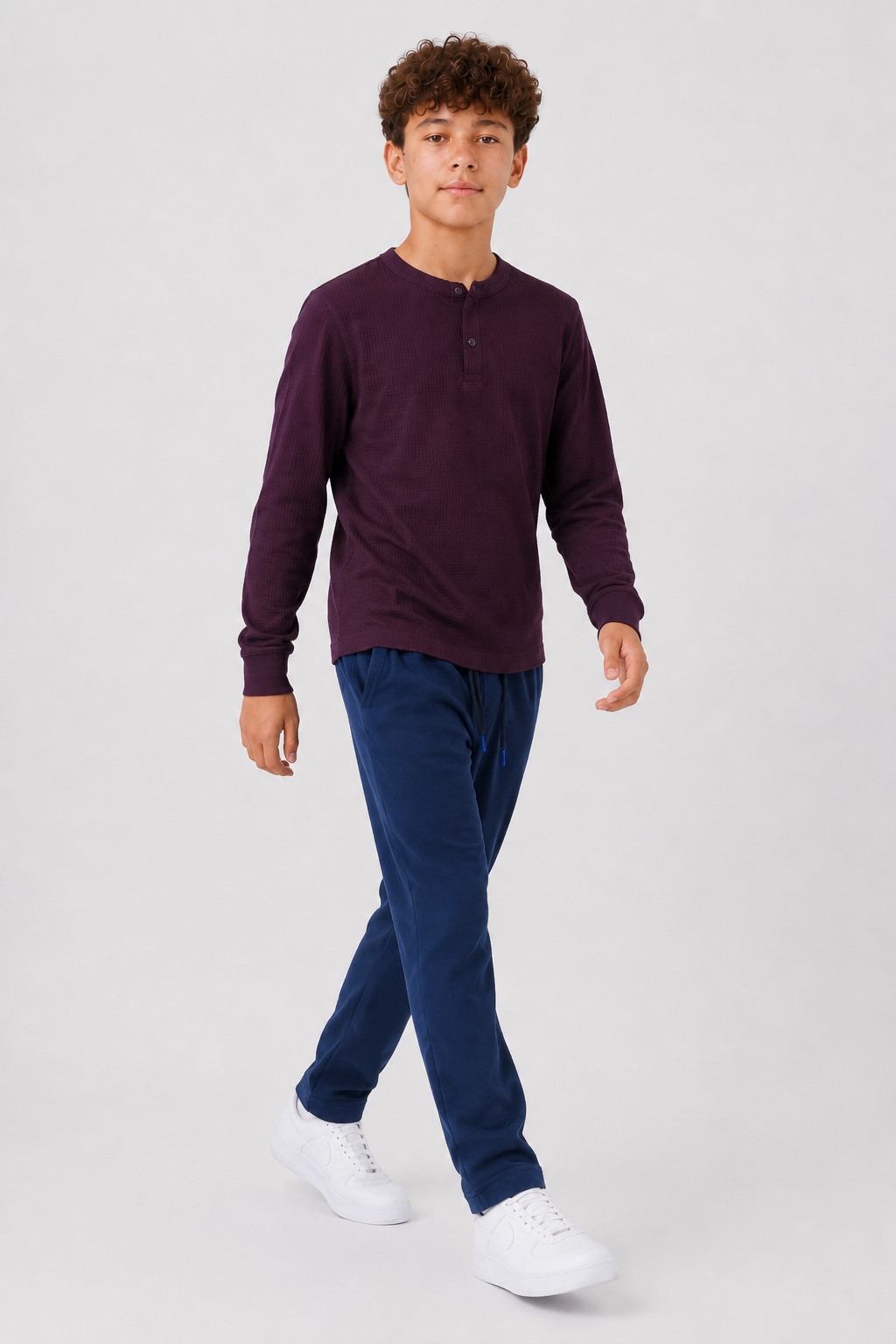Junior Boys Wine Seersucker Henley Collar Full Sleeve Pre-Winter T-Shirt – Regular Fit