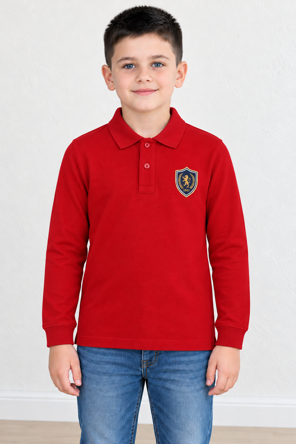 Junior Boys’ Cotton Piqué Full-Sleeve Polo T-Shirt in Brick Red – Pre-Winter Casual Wear