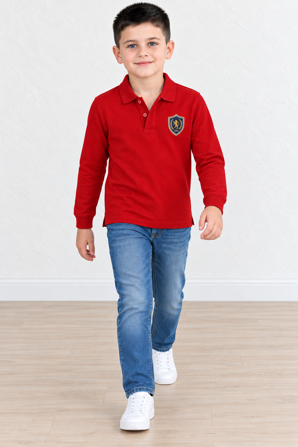 Junior Boys’ Cotton Piqué Full-Sleeve Polo T-Shirt in Brick Red – Pre-Winter Casual Wear