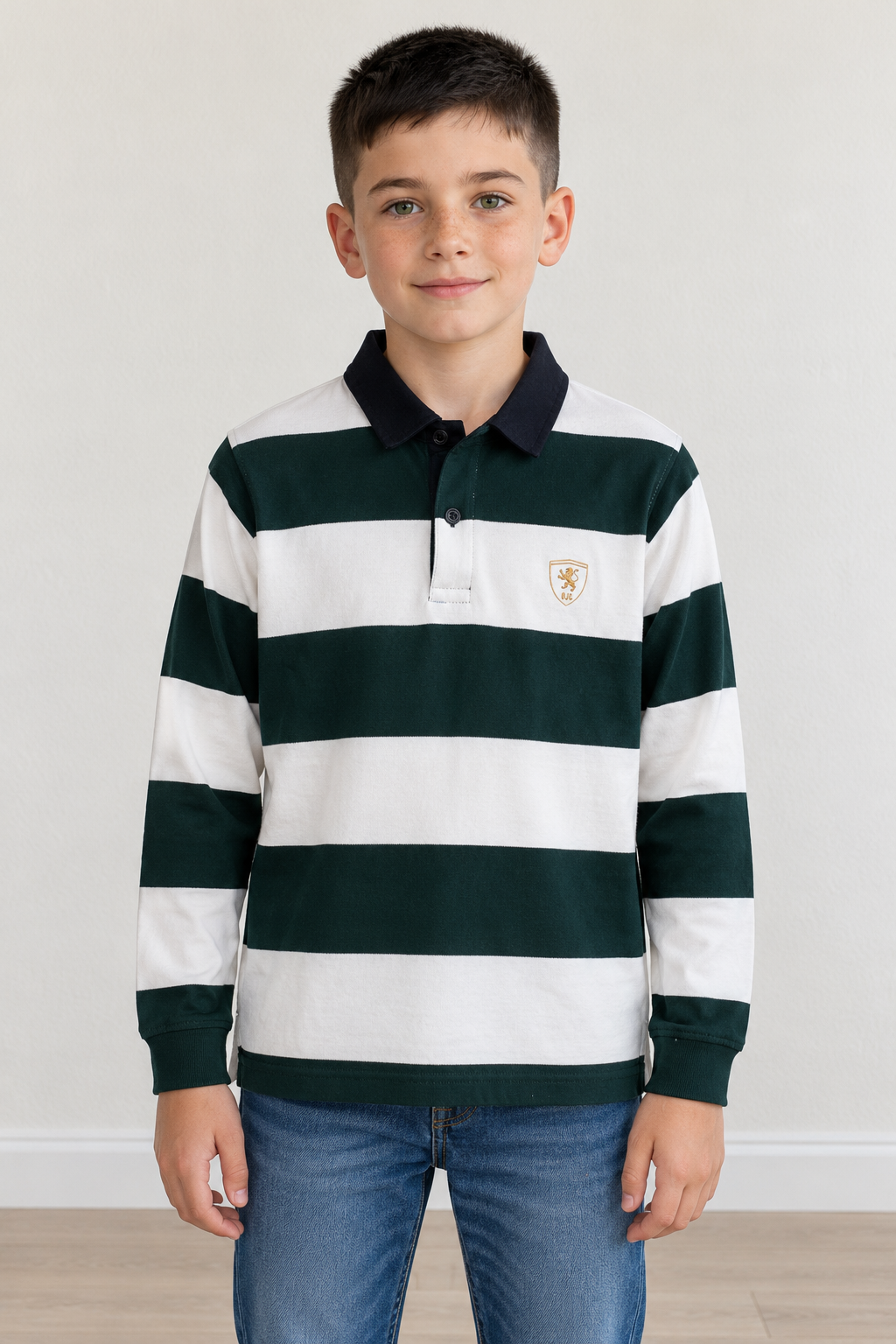 Junior Boys’ Cotton Striped Full-Sleeve Polo T-Shirt – Bottle Green & Off White | Pre-Winter Wear