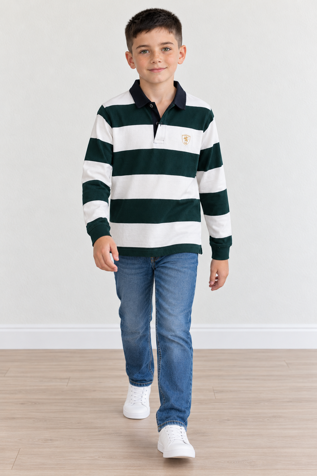 Junior Boys’ Cotton Striped Full-Sleeve Polo T-Shirt – Bottle Green & Off White | Pre-Winter Wear