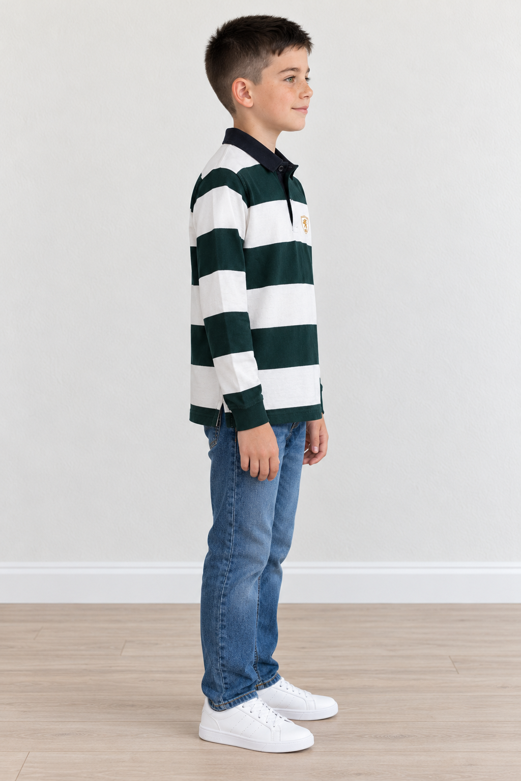 Junior Boys’ Cotton Striped Full-Sleeve Polo T-Shirt – Bottle Green & Off White | Pre-Winter Wear