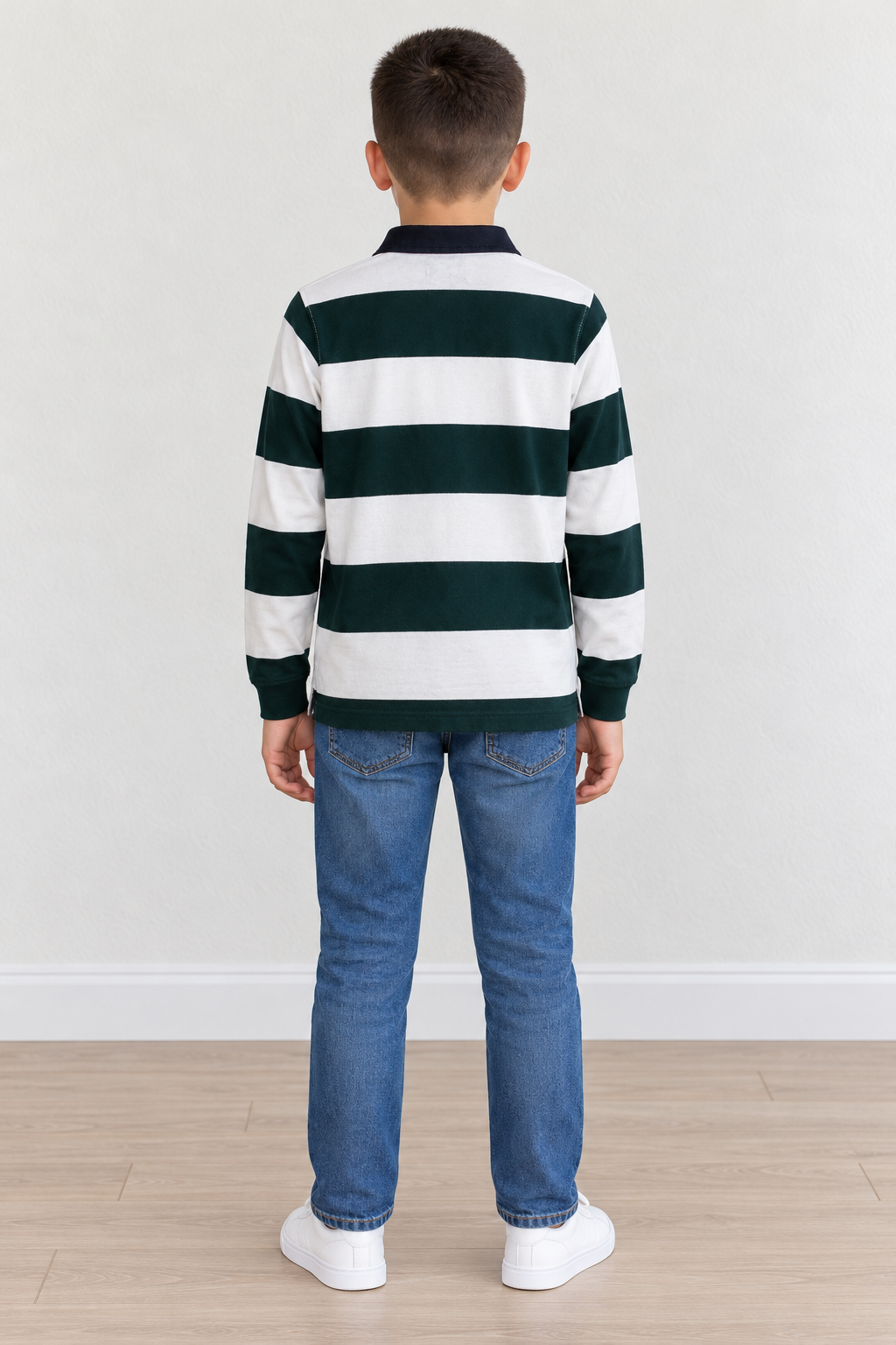 Junior Boys’ Cotton Striped Full-Sleeve Polo T-Shirt – Bottle Green & Off White | Pre-Winter Wear