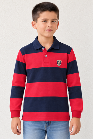 Junior Boys’ Cotton Sinker Striped Full-Sleeve Polo T-Shirt – Brick Red & Navy Pre-Winter Wear