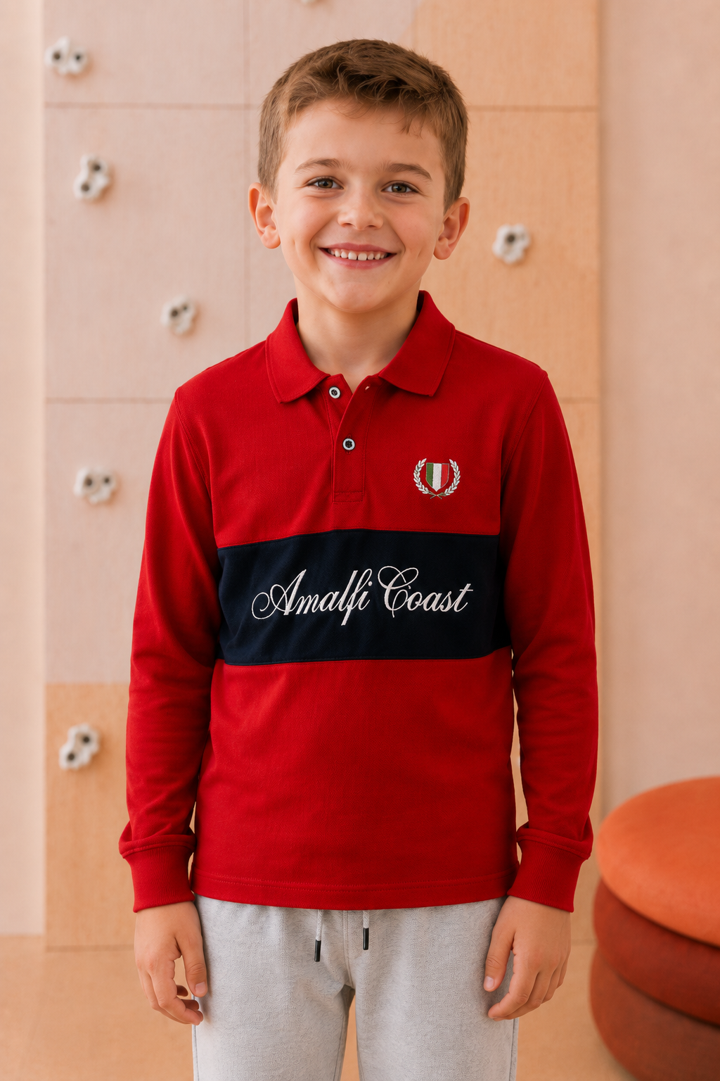 Junior Boys Brick Cotton Pique Polo Collar Full Sleeve Pre-Winter T-Shirt – Regular Fit