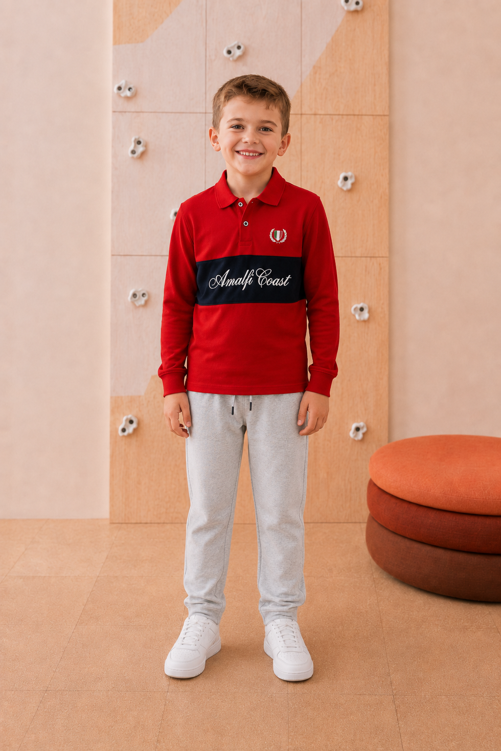 Junior Boys Brick Cotton Pique Polo Collar Full Sleeve Pre-Winter T-Shirt – Regular Fit