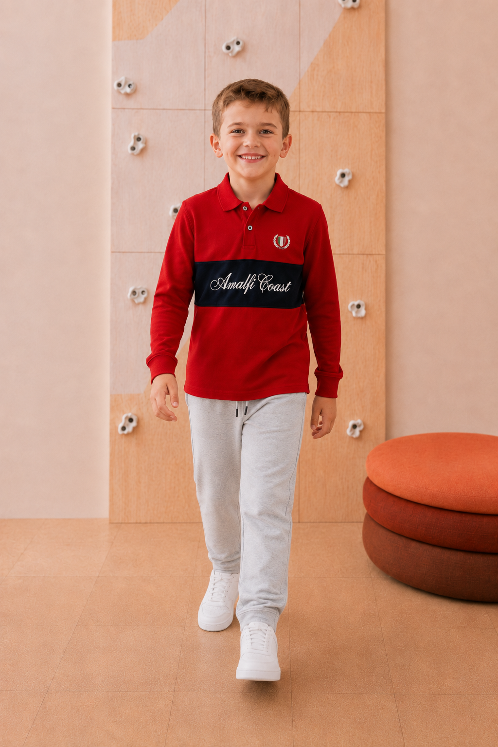 Junior Boys Brick Cotton Pique Polo Collar Full Sleeve Pre-Winter T-Shirt – Regular Fit