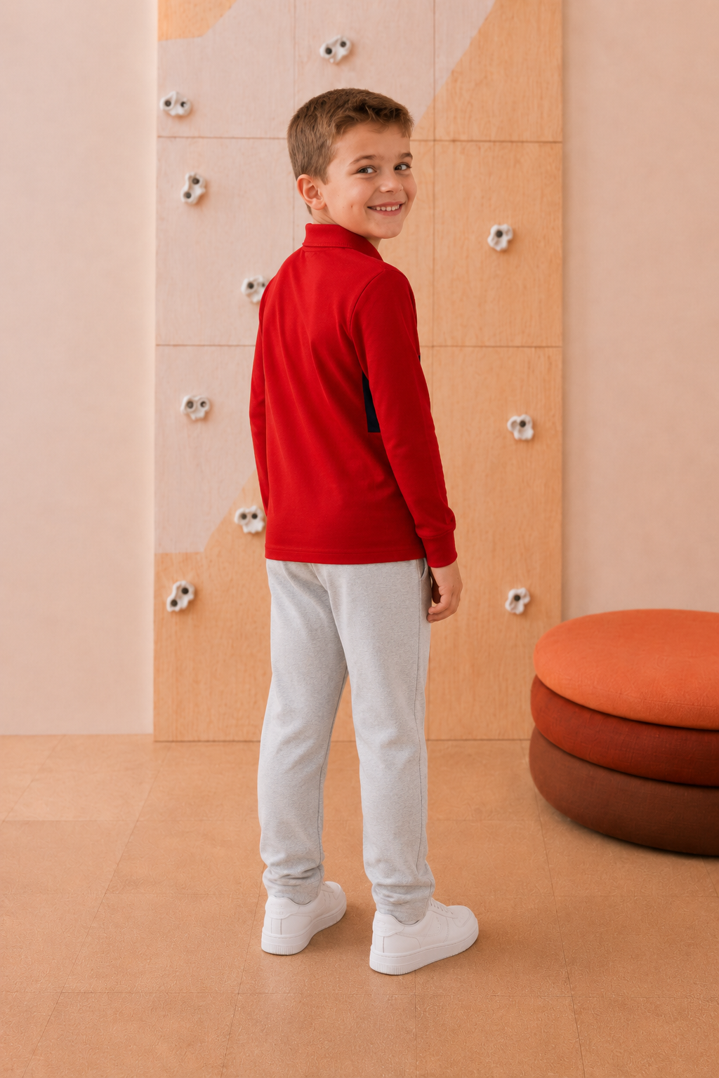 Junior Boys Brick Cotton Pique Polo Collar Full Sleeve Pre-Winter T-Shirt – Regular Fit