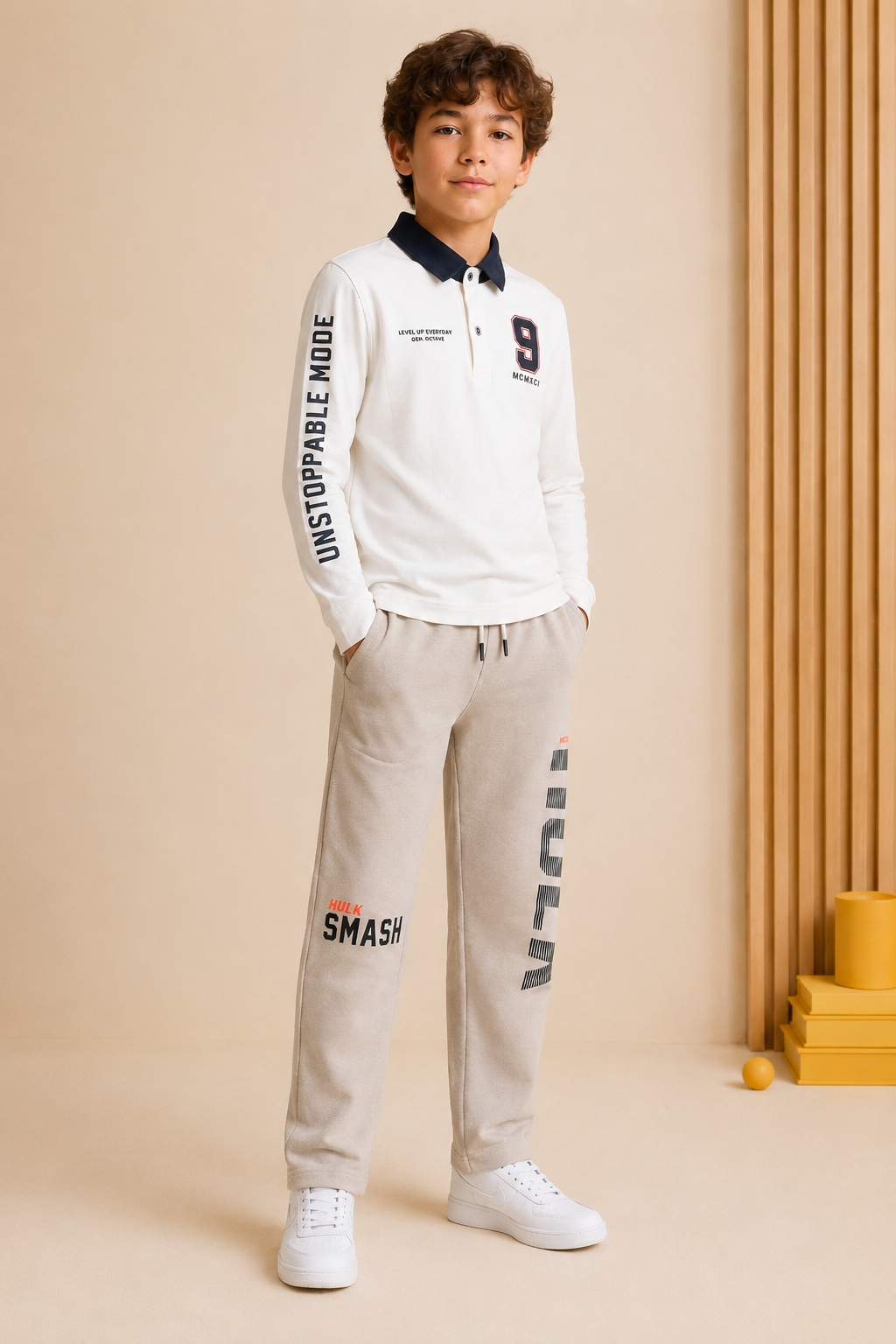 Junior Boys Off-White Cotton Sinker Polo Collar Full Sleeve Pre-Winter T-Shirt – Regular Fit