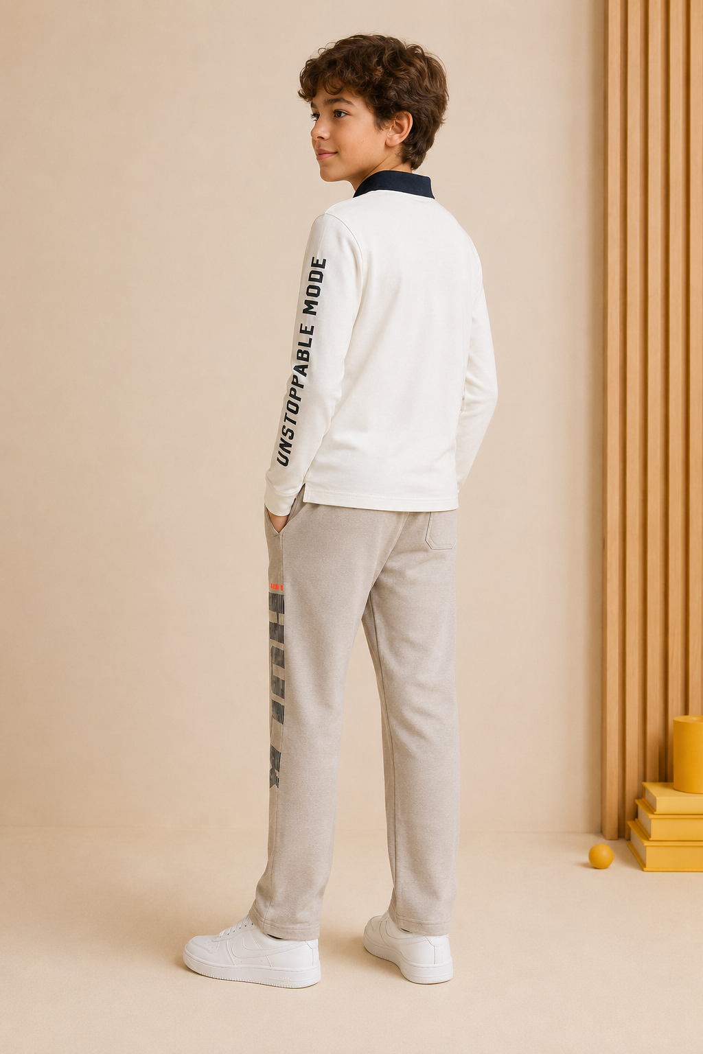Junior Boys Off-White Cotton Sinker Polo Collar Full Sleeve Pre-Winter T-Shirt – Regular Fit