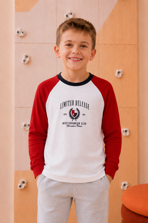 Junior Boys Brick Cotton Seer Sucker Full Sleeve Pre-Winter T-Shirt – Regular Fit Graphic Round Neck Tee
