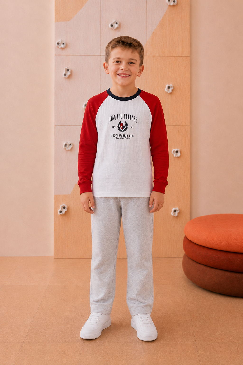 Junior Boys Brick Cotton Seer Sucker Full Sleeve Pre-Winter T-Shirt – Regular Fit Graphic Round Neck Tee