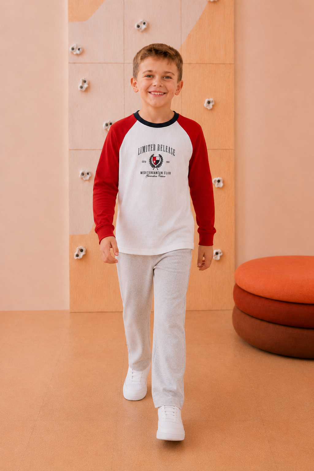 Junior Boys Brick Cotton Seer Sucker Full Sleeve Pre-Winter T-Shirt – Regular Fit Graphic Round Neck Tee