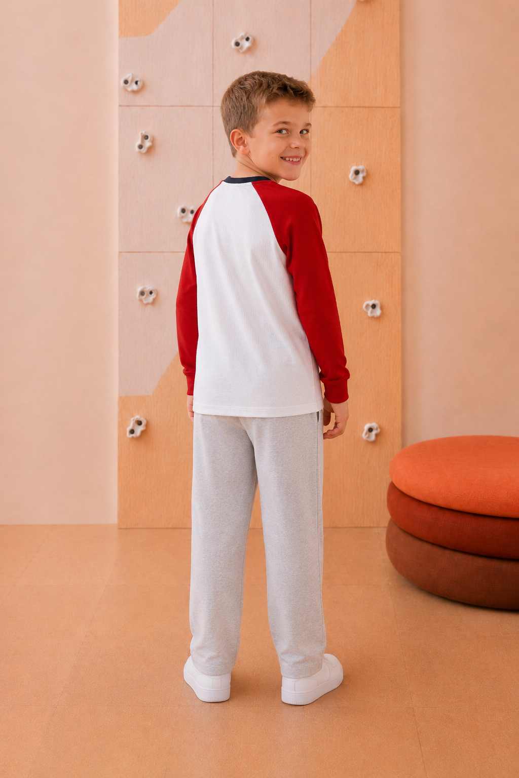 Junior Boys Brick Cotton Seer Sucker Full Sleeve Pre-Winter T-Shirt – Regular Fit Graphic Round Neck Tee