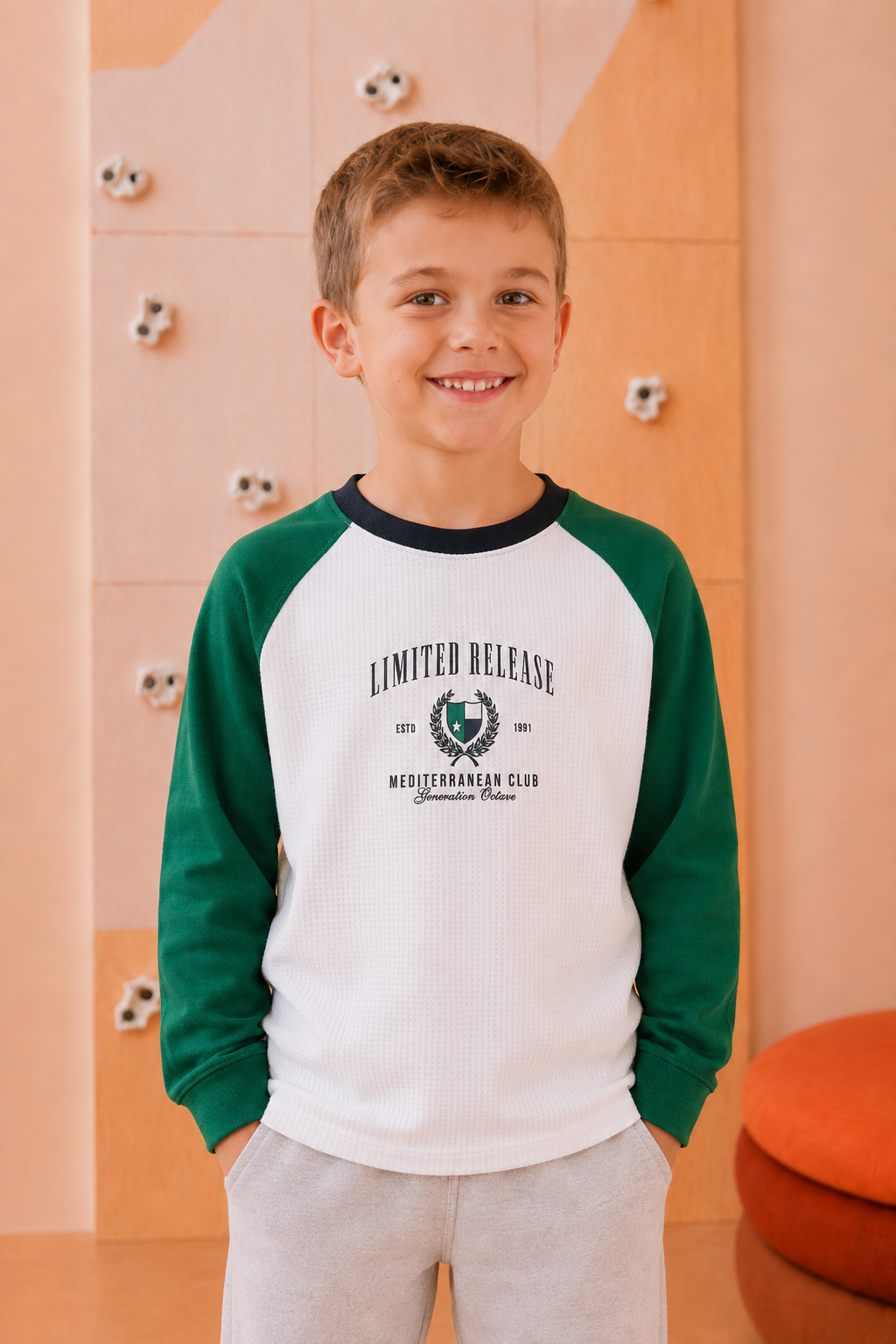 Junior Boys Green Cotton Seer Sucker Full Sleeve Pre-Winter T-Shirt – Regular Fit Graphic Round Neck Tee