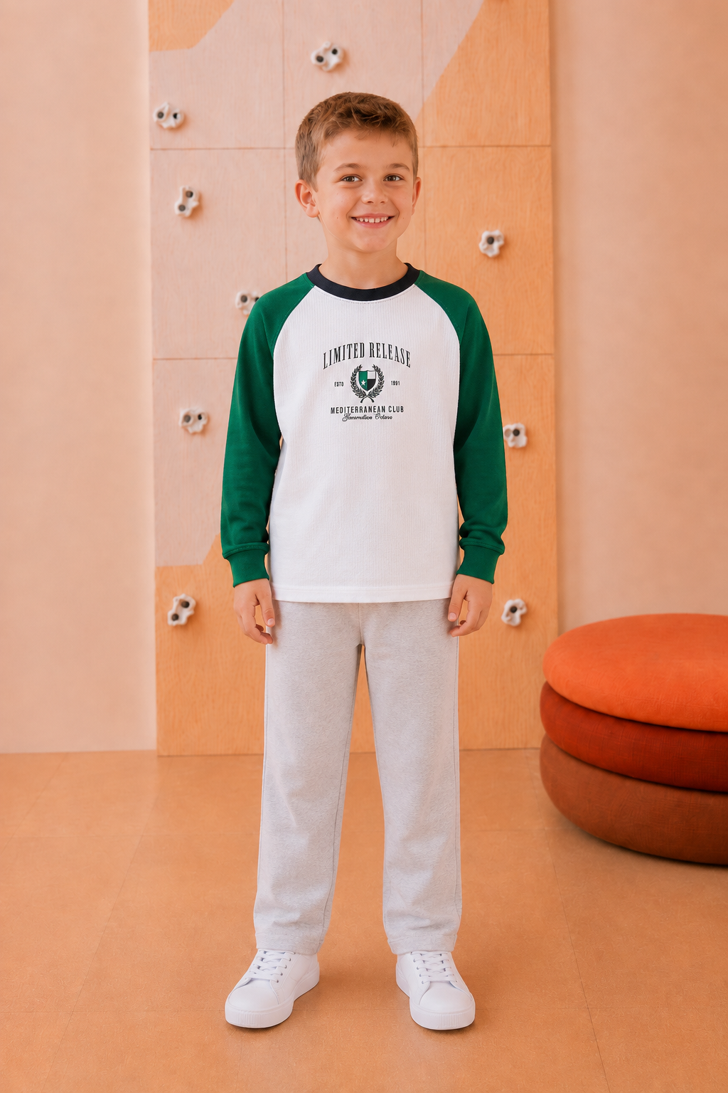 Junior Boys Green Cotton Seer Sucker Full Sleeve Pre-Winter T-Shirt – Regular Fit Graphic Round Neck Tee