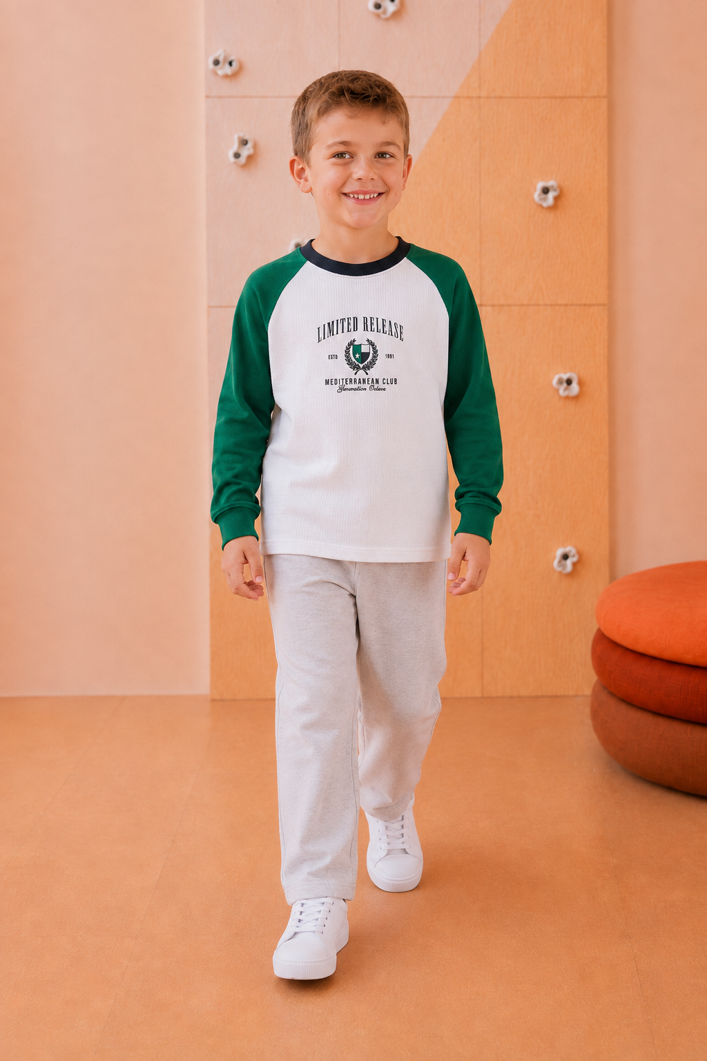 Junior Boys Green Cotton Seer Sucker Full Sleeve Pre-Winter T-Shirt – Regular Fit Graphic Round Neck Tee